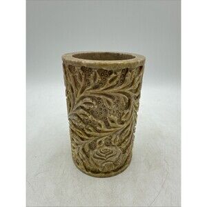 Vintage Pen Pencil Holder Soapstone Desk Accessories Carved Flowers Floral Vase